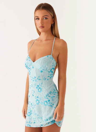 Light Blue Backless Sling Mini Dress with Floral Embroidery and Adjustable Straps