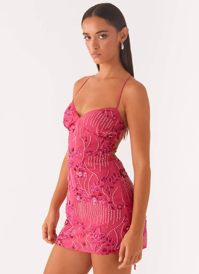 CJ Backless Sling Mini Dress in Pink with Floral Embellishments and Adjustable Straps
