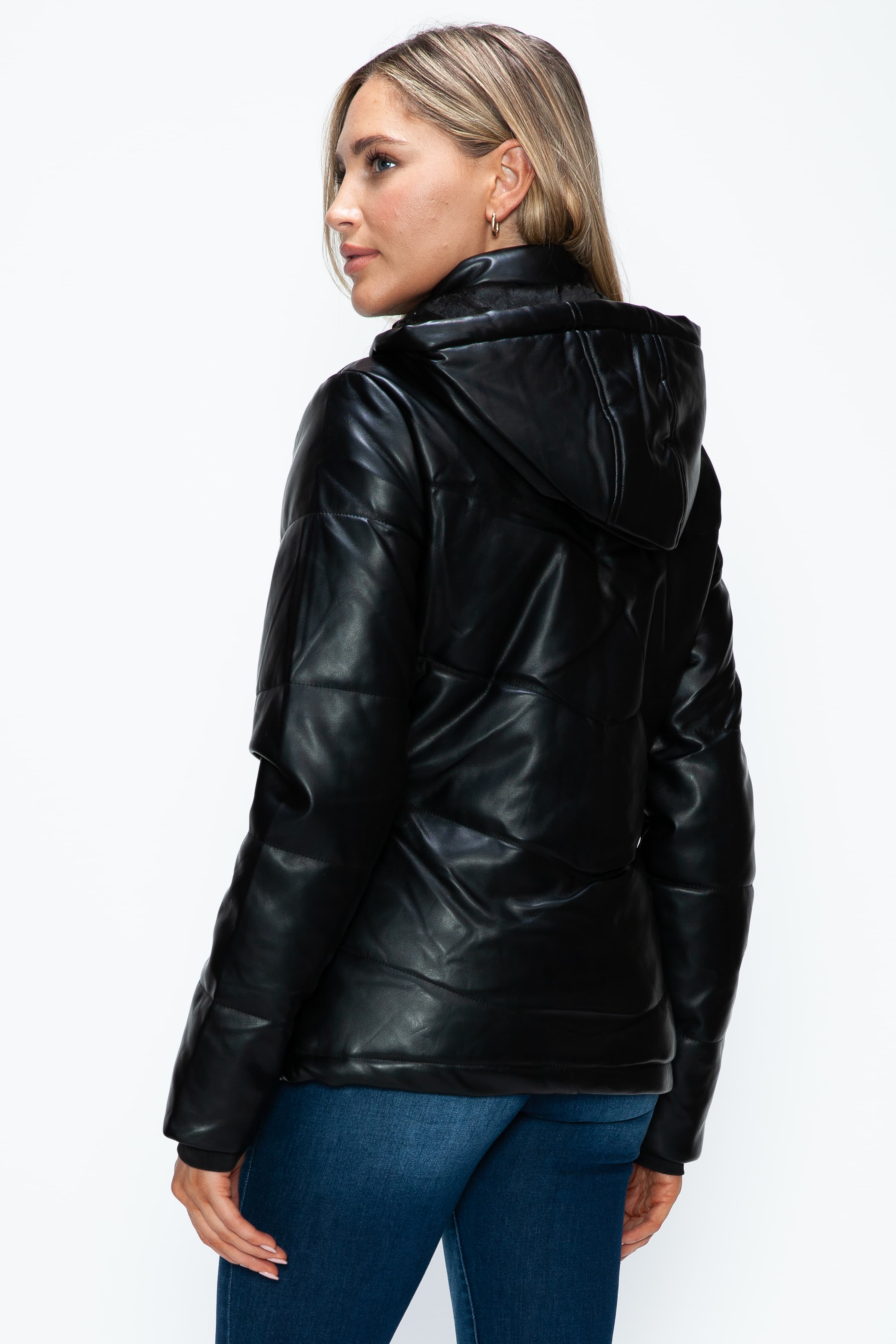 Black Pocketed Zip Up Puffer Jacket with Removable Hood