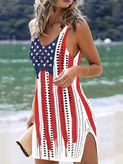 Openwork Knit Cover Up - Sleeveless Slit Beach Dress