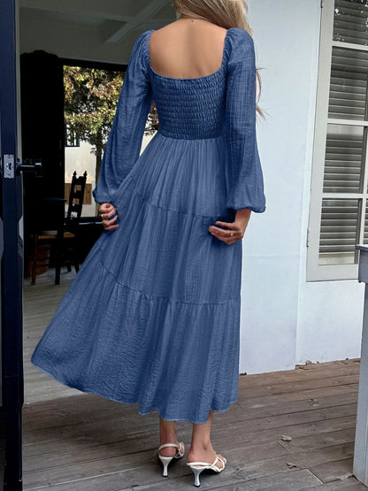 Trendsi Balloon Sleeve Midi Dress in Blue with Smocked Bodice and Flowing Skirt