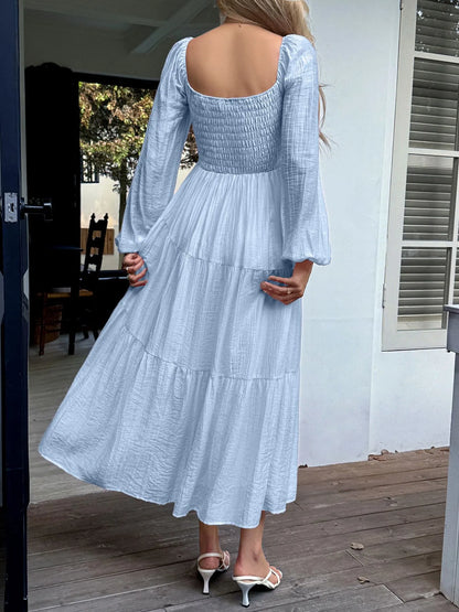 Trendsi Balloon Sleeve Midi Dress in Light Blue with Smocked Bodice and Tiered Skirt