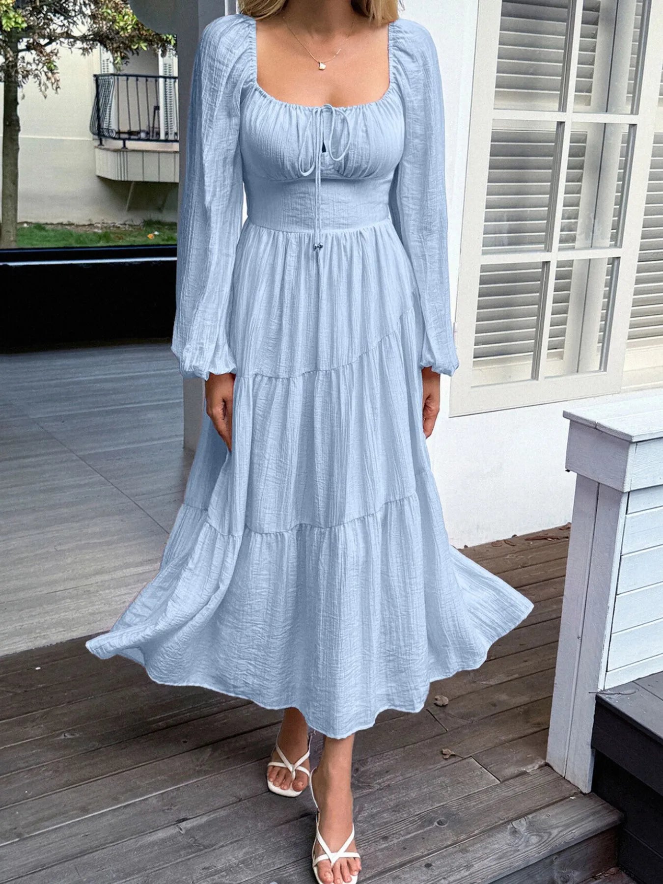 Light blue Balloon Sleeve Midi Dress with tiered design and puff sleeves for a stylish look