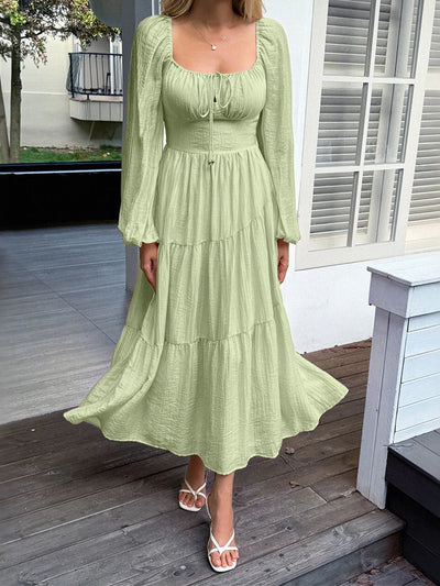 Trendsi Balloon Sleeve Midi Dress in light green featuring a tiered design and comfortable fit
