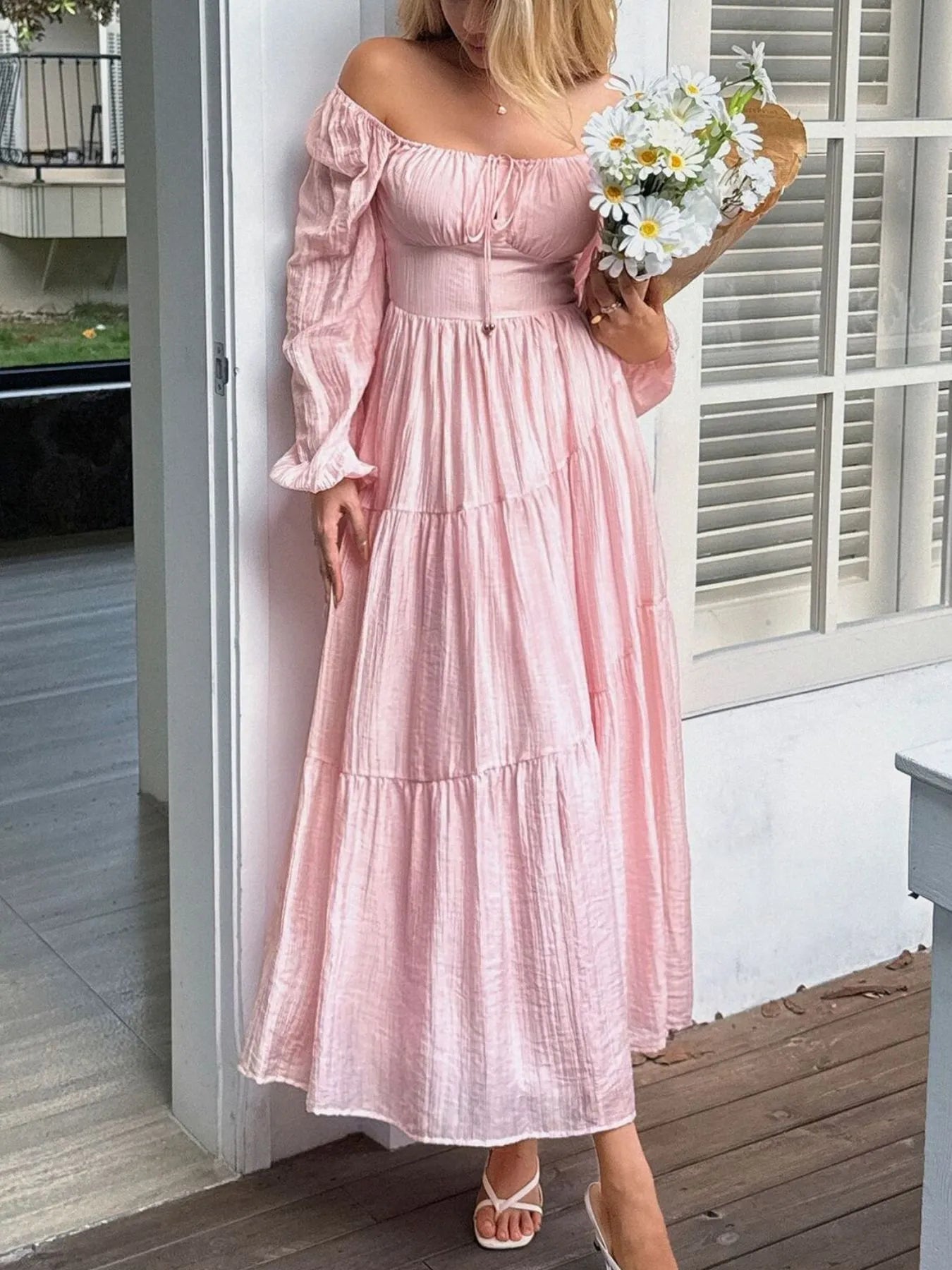 Trendsi Balloon Sleeve Midi Dress in Pink with Off-Shoulder Design and Tiered Skirt