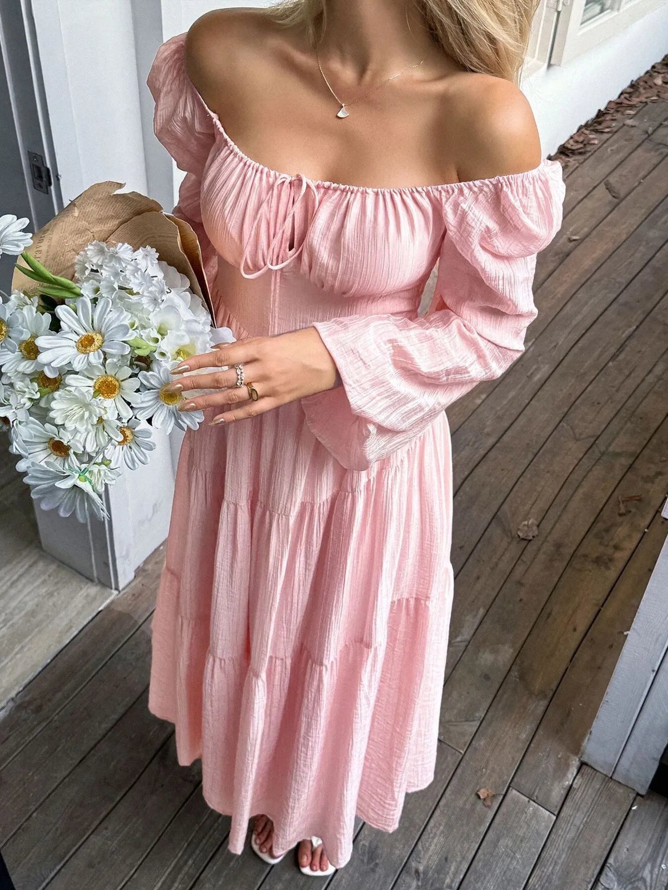 Trendsi Balloon Sleeve Midi Dress in Pink with Off-Shoulder Design and Flowy Tiered Skirt