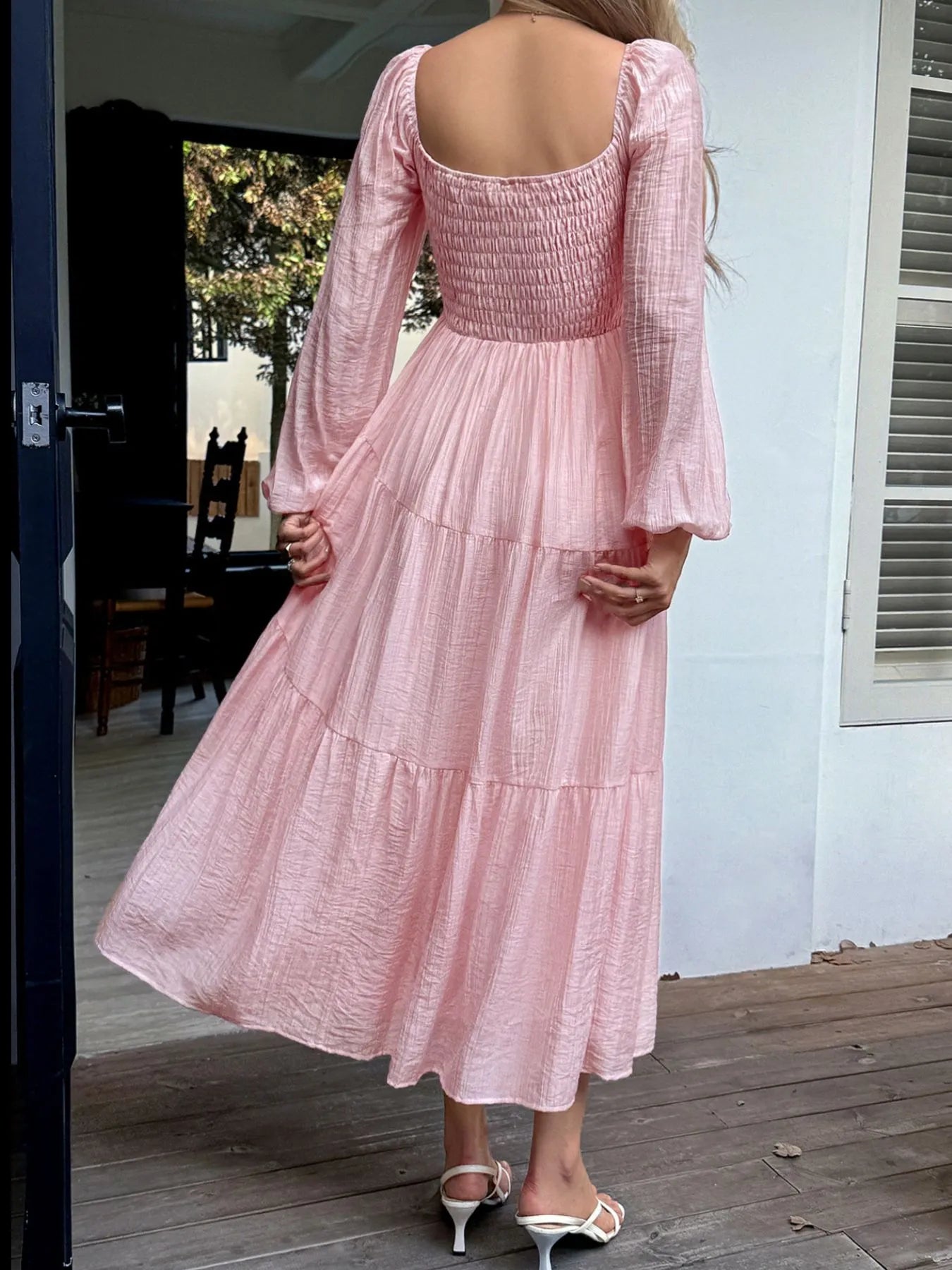 Trendsi Balloon Sleeve Midi Dress in Pink with Flowy Layers and Elegant Design