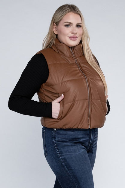 Plus Waist Length Zipper Up Casual Puff Vest