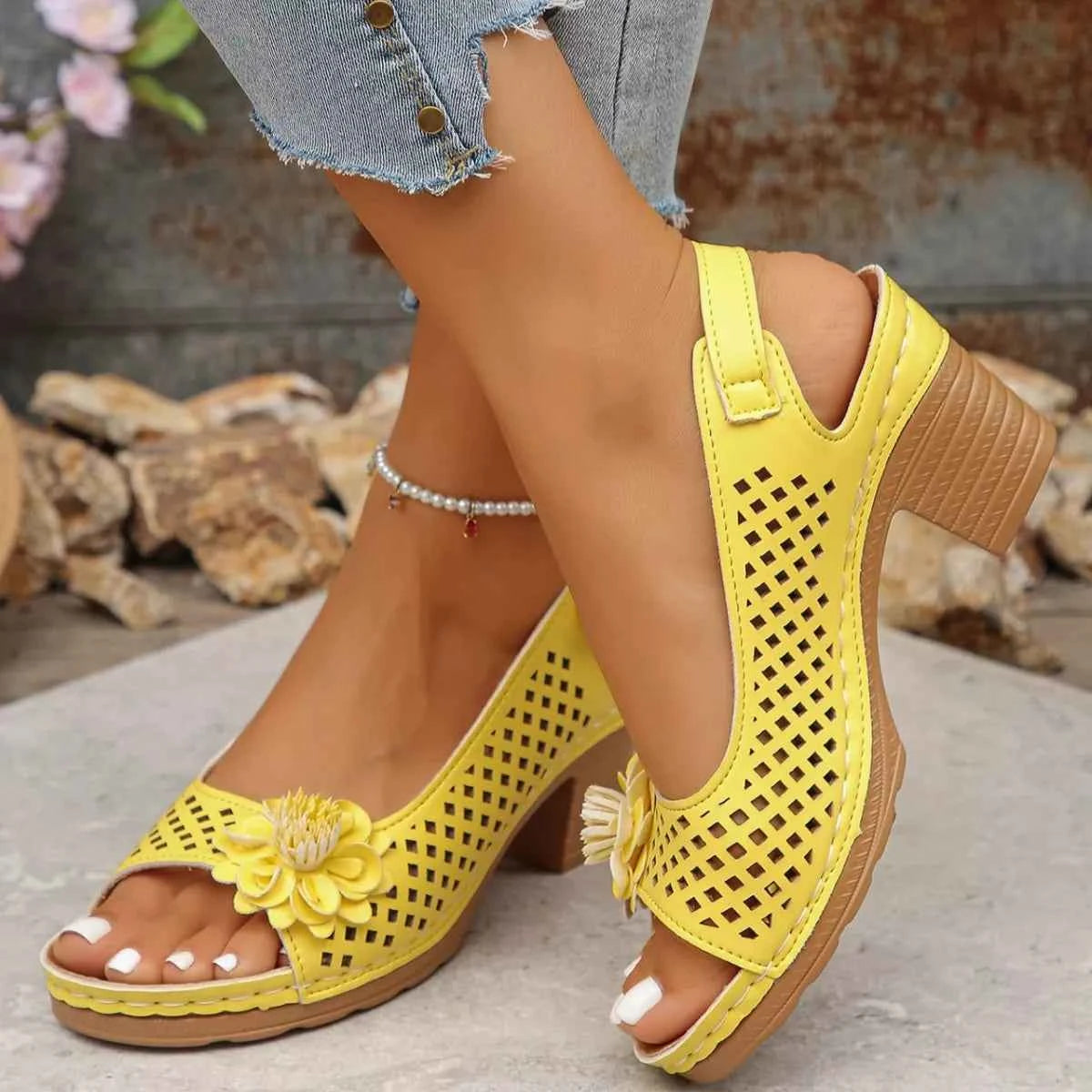 Floral Accent Block Heel Sandals