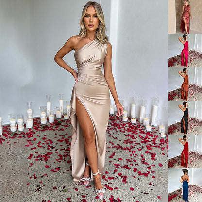 Sexy One-shoulder Slim-fit Backless Slit Satin Dress