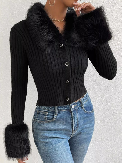 Faux Fur Trim Ribbed Knit Cropped Cardigan - Fashions Envy