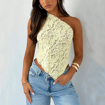 Lace Backless Tank Top - Asymmetrical Sloped Neck