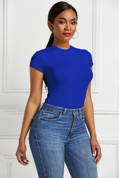 Round Neck Short Sleeve Bodysuit - Fashions Envy