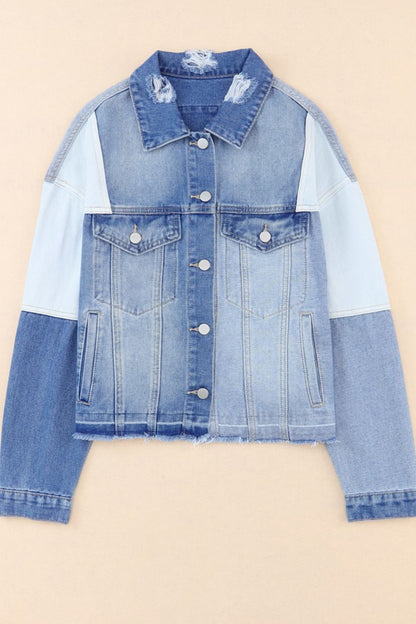 Distressed Button Up Drop Shoulder Denim Jacket