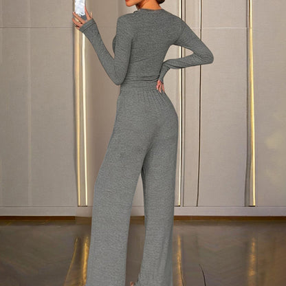 Sexy V-Neck Button-Up Fitted Long Sleeve T-Shirt & High-Waist Flared Wide-Leg Stretchy Pants Set