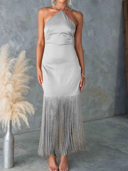 Fringe Halter Dress - Backless Bodycon Maxi Dress - Fashions Envy