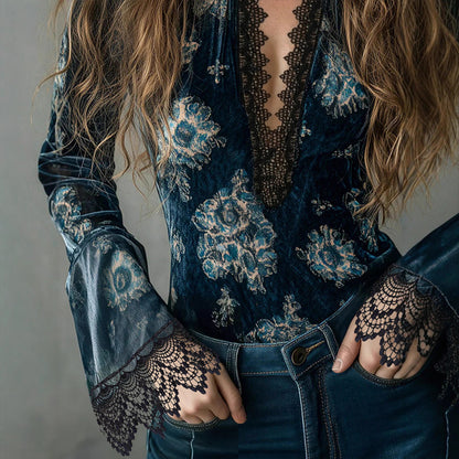 Lace Panel Blouse - Retro V-Neck Bell Sleeve Top