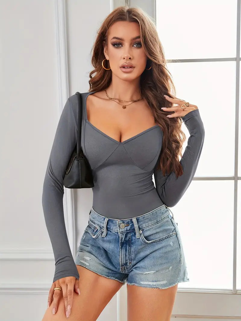 Slim Fit Tummy Control V-Neck Sexy Stretch Long Sleeve Y2K Top