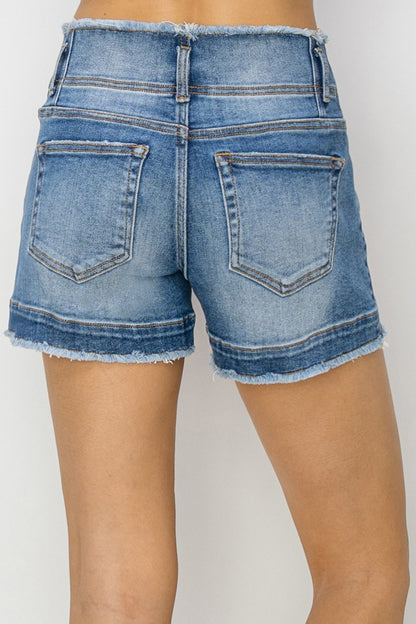 High Rise Seam Detailed Raw Edge Risen Denim Shorts