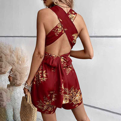 Floral Print Sleeveless Romper - Deep V-Neck Tie Back