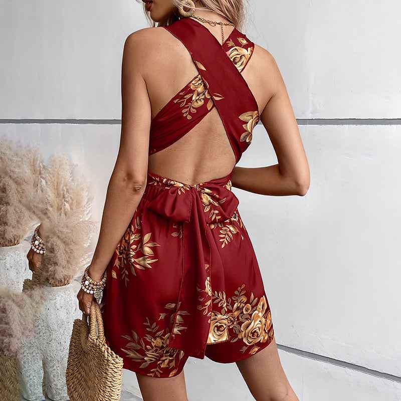 Floral Print Sleeveless Romper - Deep V-Neck Tie Back