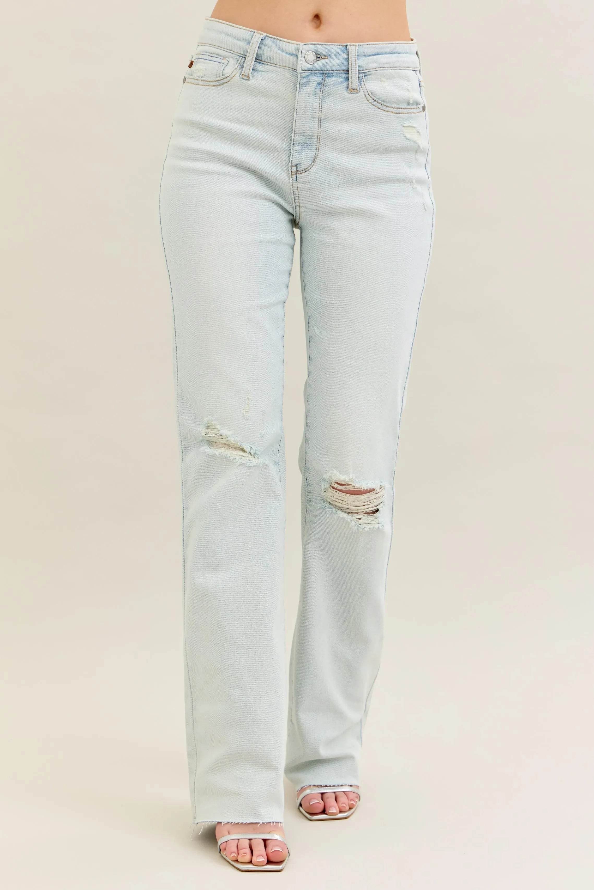 Judy Blue Full Size Destroy & Fray Hem Bootcut Jeans Plus Size - Fashions Envy