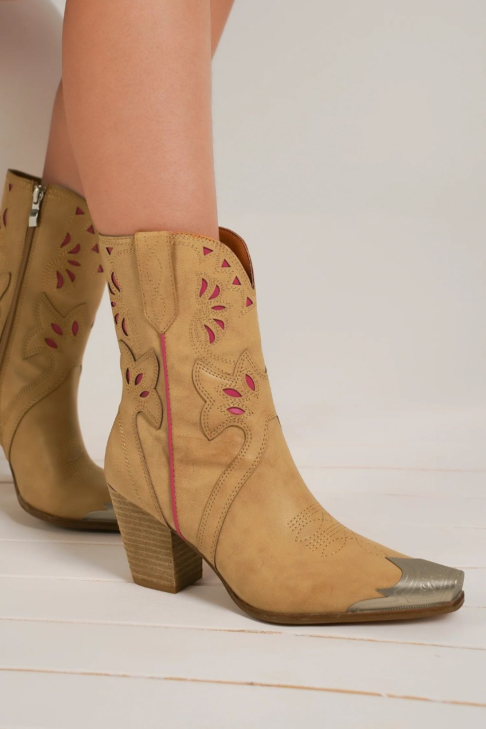 Camel Cut-Out Floral Embroidery Boots