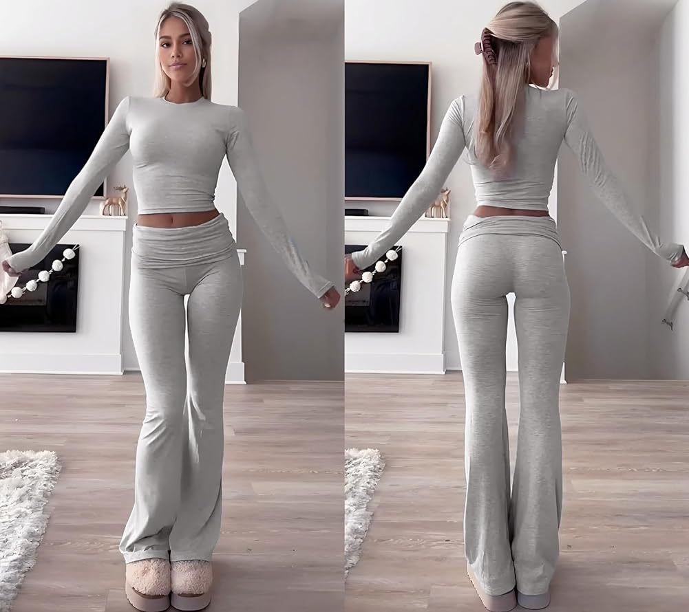 Sports Two Piece Set - High Waisted Flared Pants Streetwear