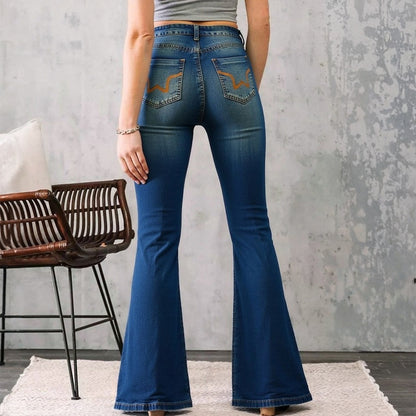 Mid-Waist Wide Leg Embroidered Jeans - Vintage Wash Denim