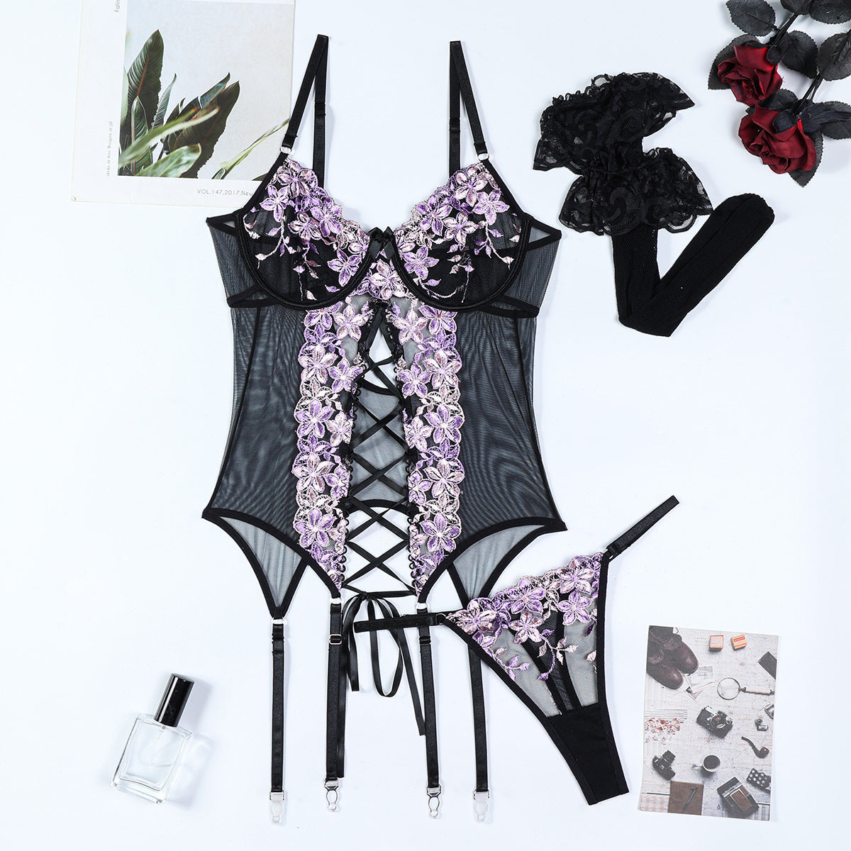 Embroidered Corset Garter Set - 3PC Lace-Up Lingerie