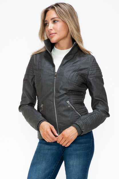 Charcoal Faux Layered Double-Zipper Jacket with Fuzzy Hood