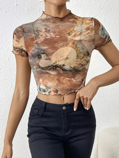 Abstract Print Ruffled Mock Neck Crop T-Shirt - Fashions Envy