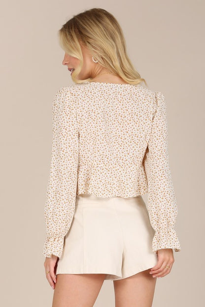 Long Puff Sleeve Floral V-Neck Blouse