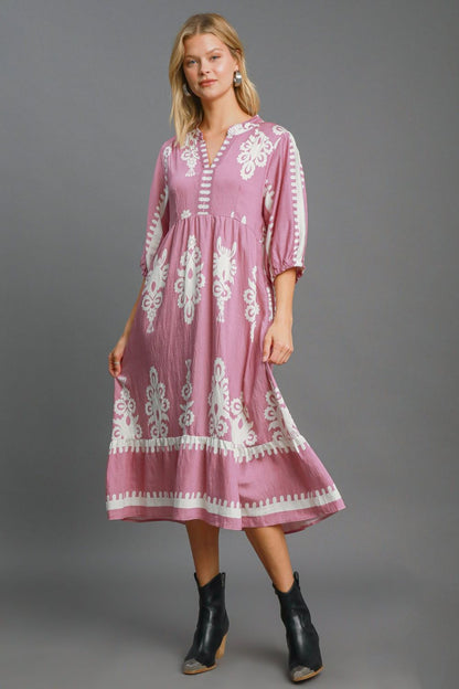 Light Mauve Printed Notched 3/4 Sleeve Midi Dress