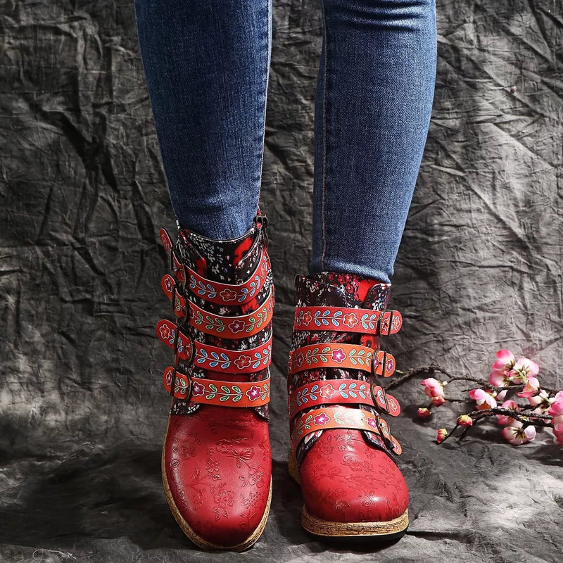 Embroidered Boots - Round Toe Flats - Fashions Envy