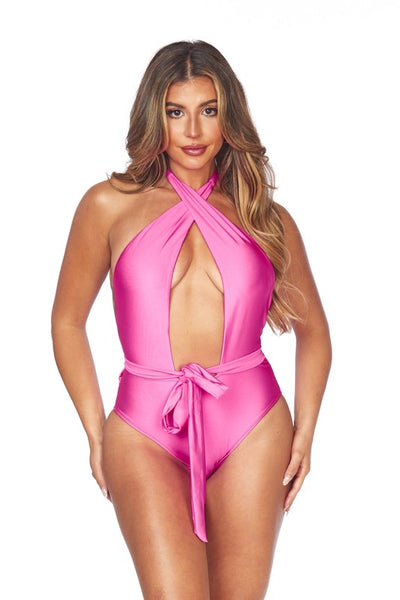 Crisscross Halter Neck with Waist Wrap One-Piece Swimsuit - Fashions Envy