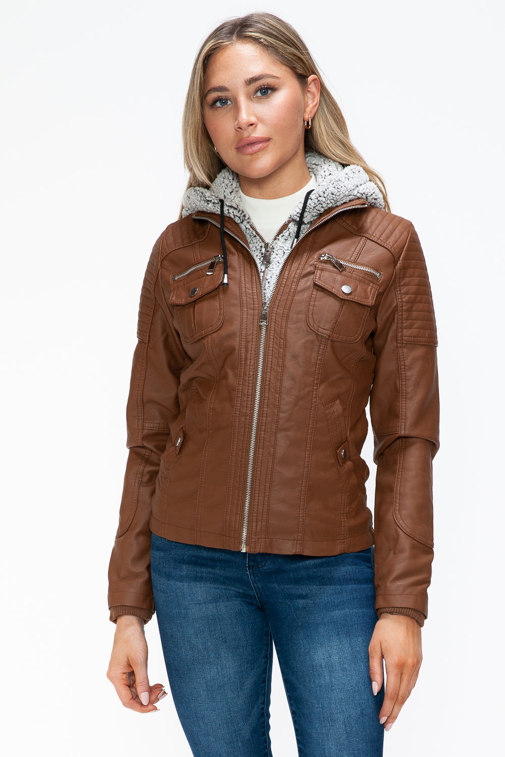 Rust Removable Faux Layered Multi-Pocket Jacket with Fuzzy Hood