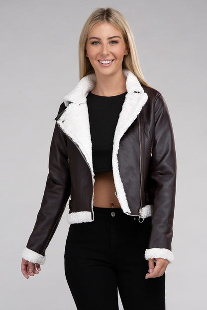 Cropped Plush Teddy Trimmed PU Leather Jacket