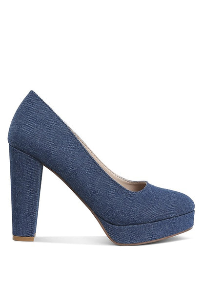 Kostur Blue Denim Block Heel Pumps