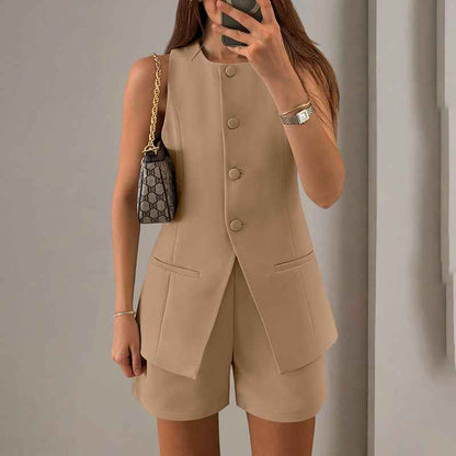 Two-Piece Vest & Shorts Set - Professional Button-Front - Fashions Envy