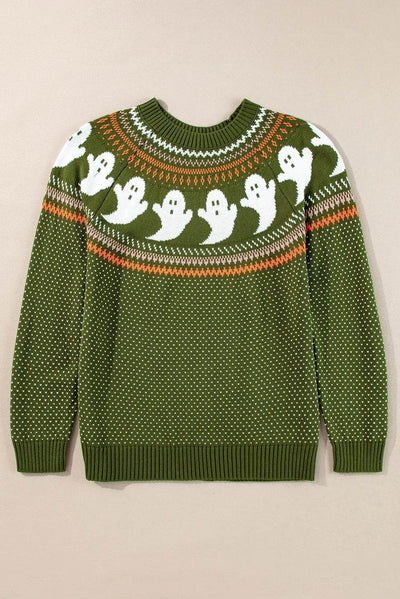 Ghost Round Neck Long Sleeve Sweater - Halloween Knit Top - Fashions Envy