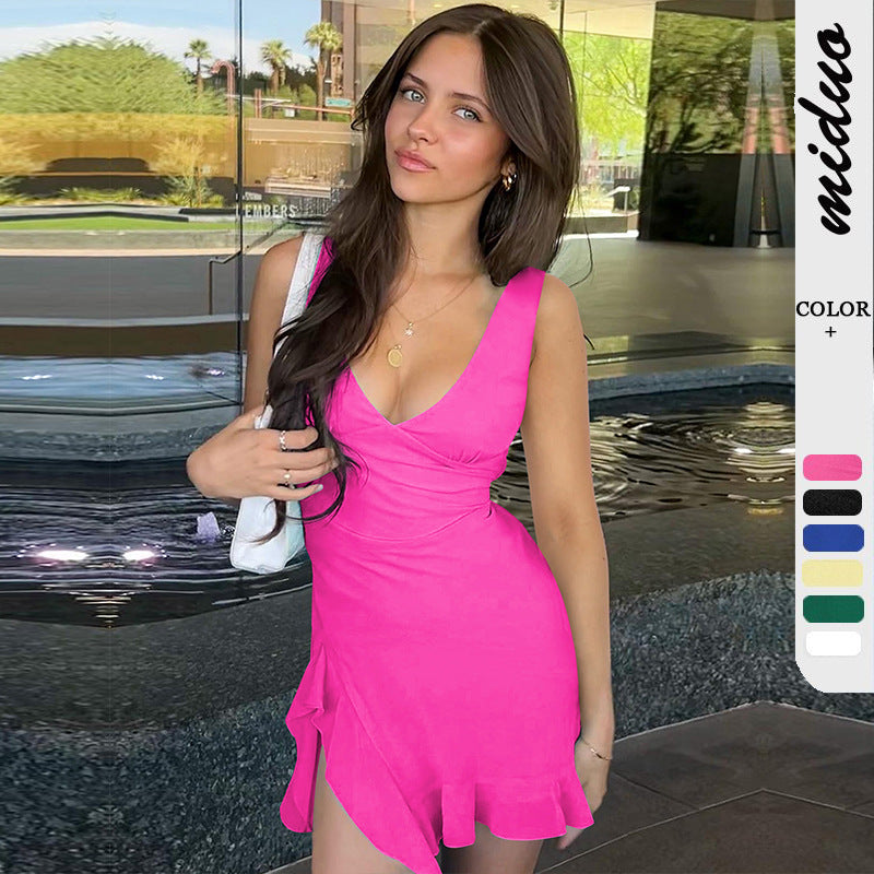 Pure Color Hot Girl Style Slit Mini Dress