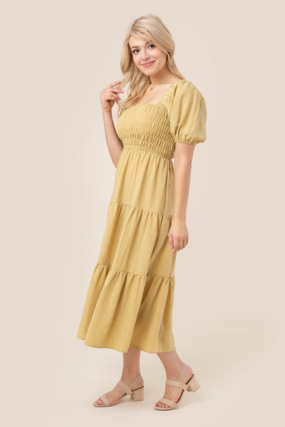 Tiered Midi Dress with Puff Sleeves