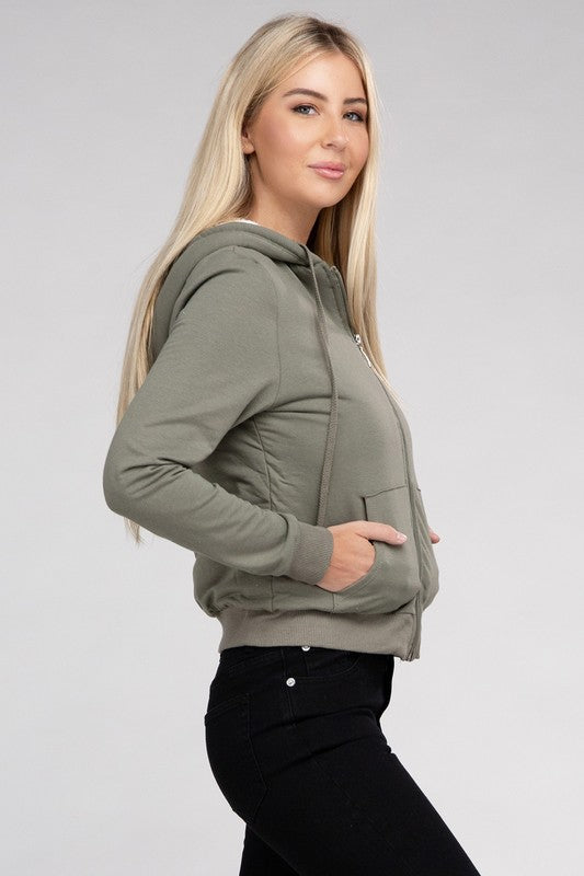 Fuzzy Trim Zip-Up Cropped Length Hoodie