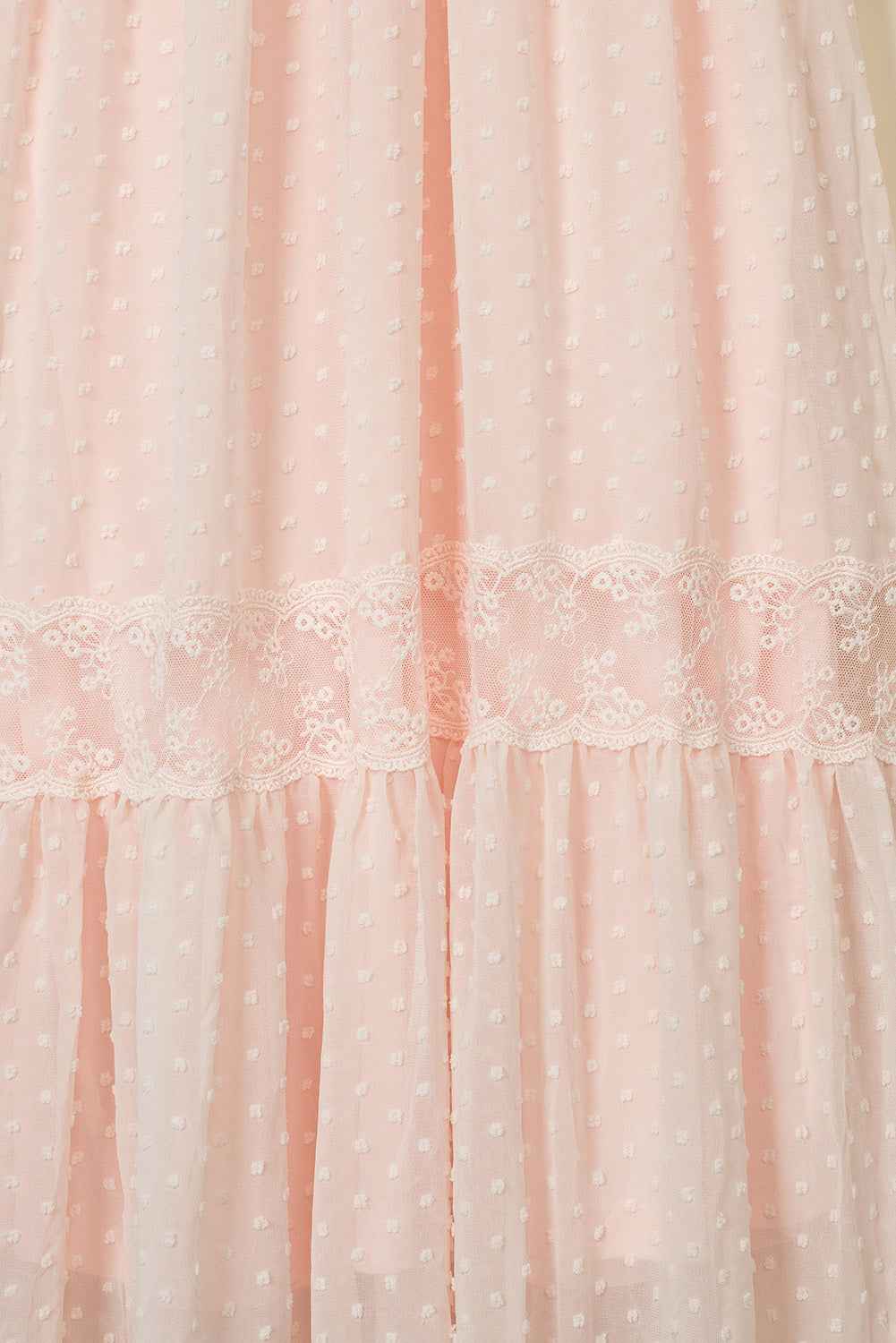 Swiss Dot Ruffle Sleeve Maxi Dress - Pink Lace Trim