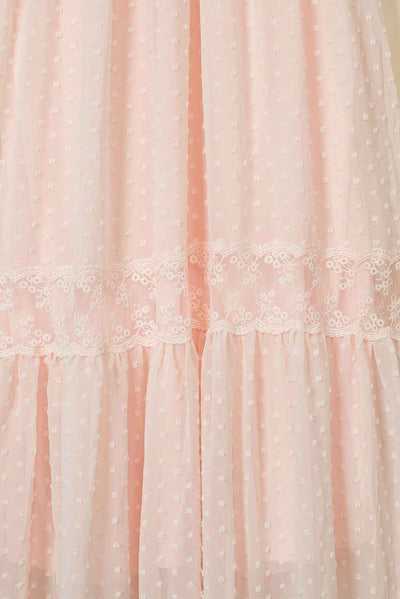 Swiss Dot Ruffle Sleeve Maxi Dress - Pink Lace Trim