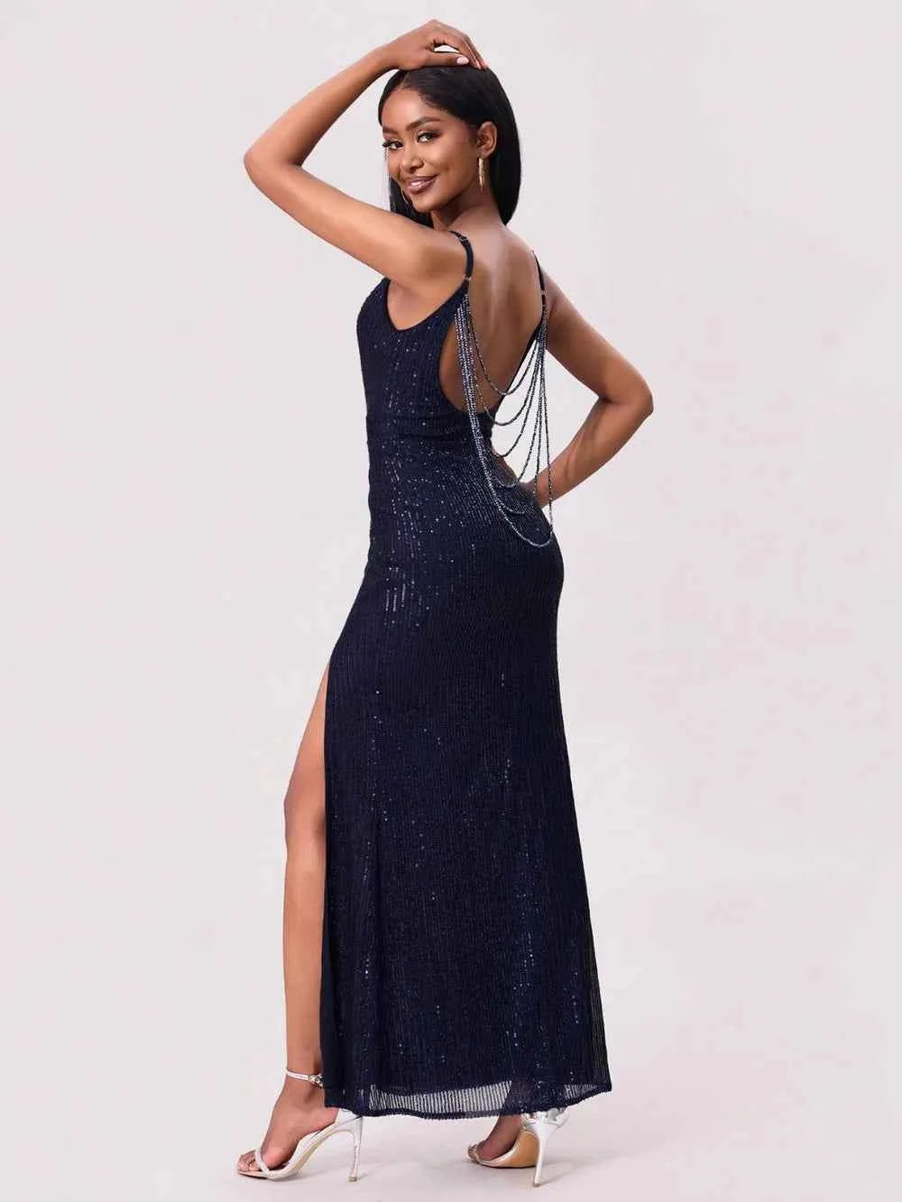 Navy Sequin Backless Maxi Dress - Spaghetti Strap High Slit