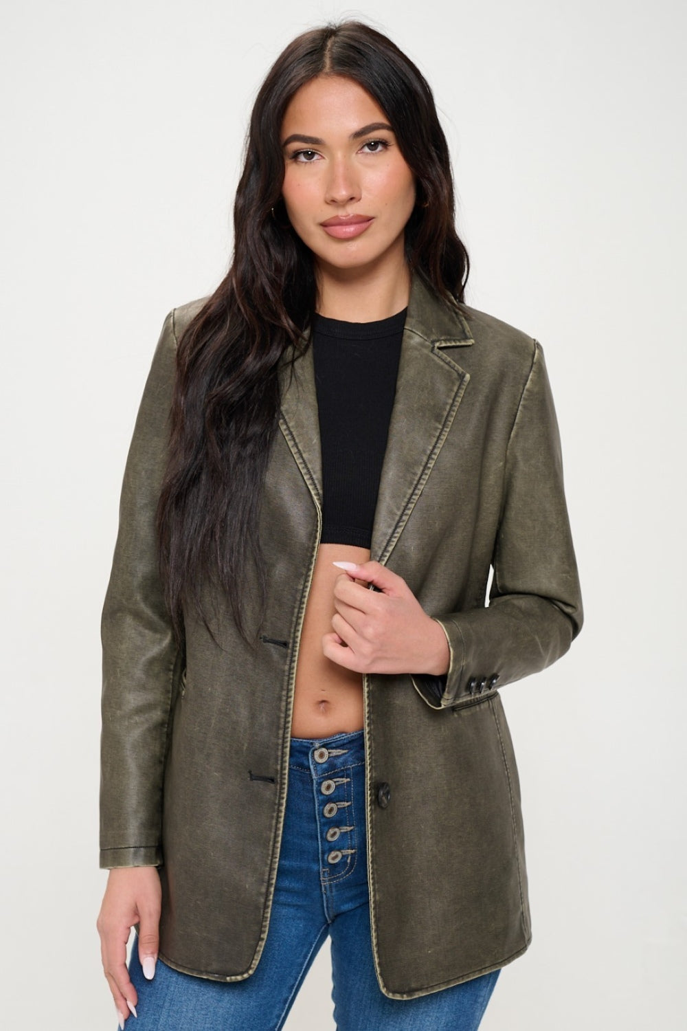 Olive Brown Single-Breasted Vegan Leather Blazer