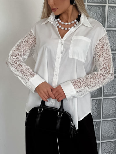 Lace Sleeve Button-Down Shirt - Front Pocket Detail