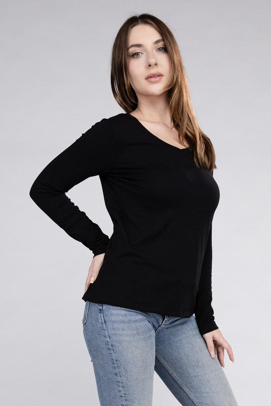 Cotton V-Neck Long Sleeve Casual T-Shirt